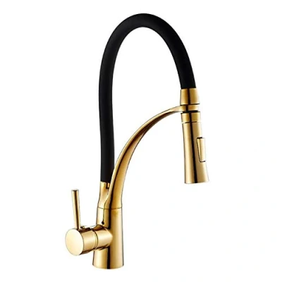 Immagine di FHMING rubinetto da cucina estraibile oro e nero, con doccetta estraibile, miscelatore monocomando, girevole a 360, in ottone