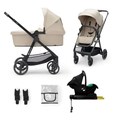 Immagine di Kinderkraft NEWLY 4 in 1 Trio passeggino neonati, Con Ovetto I SIZE 40 75 cm, Base ISOFIX, Carrozzina, TRAVEL SYSTEM, filtro UPF50+, Accessori, Pieghevole, Schienale regolabile, Beige