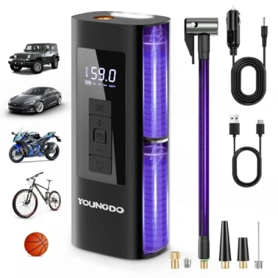 Immagine di YOUNGDO pompa per bicicletta, 150 PSI, bicicletta elettrica 6000 mAh, ad aria elettrica, compressore, tutte le valvole moto, palle