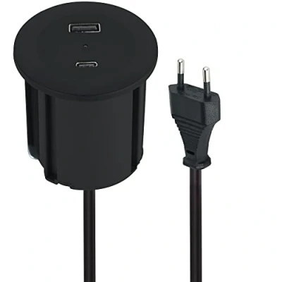 Immagine di Electraline 62568 Multipresa Scrivania/Presa da Incasso Grommet Tavolo con Tecnologia Power Delivery 2 USB 45W (1 di tipo C per caricare i computer + 1 A 3.0A QC) 3M, D54 60mm
