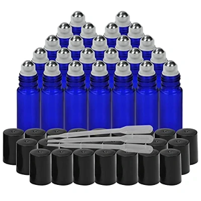 Immagine di BELLE VOUS Bottigline Vetro Piccole con Roll on Blu Cobalto Contagocce (Confezione da 24) Set di Vuoto per Oli Essenziali e Aromaterapia 10 ml Palline in Acciaio Inossidabile
