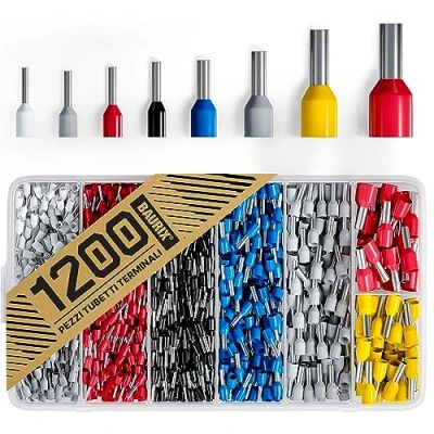 Immagine di BAURIX ® Puntalini Elettrici Set 1200 Pezzi Assortimento Capicorda ordinati secondo le norme DIN [0,5 10 mm²] Crimpatrice Terminali a Crimpare