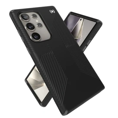 Immagine di Speck custodia per Samsung Galaxy S24 Ultra, protezione contro le cadute, presa, resistente ai graffi, morbida al tatto, impugnatura Presidio2 nero/grigio ardesia/bianco