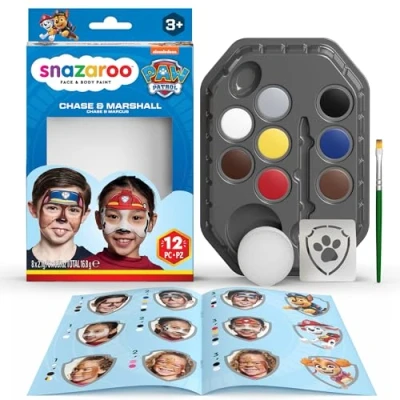 Immagine di Snazaroo Kit Pittura Di Viso PAW Patrol La Squadra Dei Cuccioli Chase &amp; Marshall Per Bambini, 8 Colori, 1 Stencil, Pennello, Spugna, Guida, Colori Trucco A Base D&#039;acqua