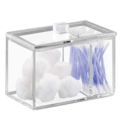 Immagine di iDesign organizer bagno con coperchio, Elegante porta dischetti struccanti in plastica 2 scomparti, Pratico cotton fioc e cosmetici, trasparente