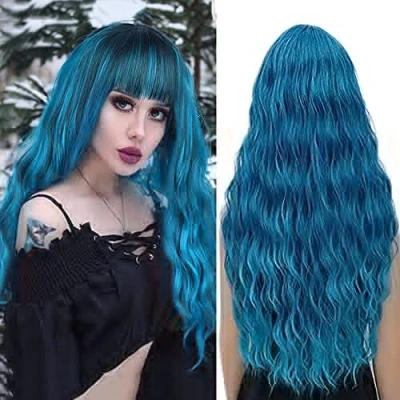 Immagine di YEESHEDO 30 pollici Parrucche da Blu lunghe ondulate con frangia per le donne, parrucca sintetica resistente al calore cosplay di festa