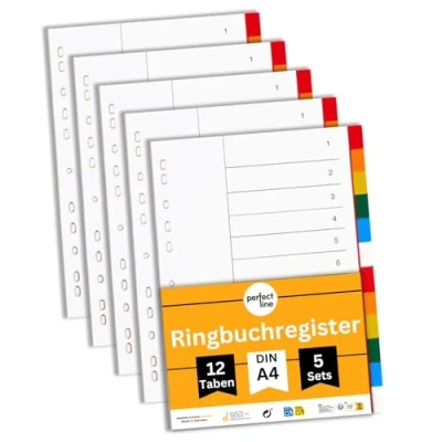 Immagine di perfect line Divisori raccoglitori ad anelli DIN A4, Plastica, PP, 12 pezzi, set da 5, separatori raccoglitore MADE IN GERMANY