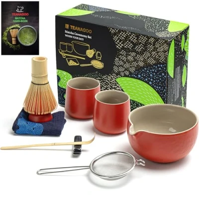 Immagine di TEANAGOO Matcha Set Whisk Bowl con beccuccio Scoop Holder Tea Making Kit. da tè giapponese (7 pezzi) + 2 tazze (7,2 oz), S19, rosso, confezione...