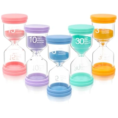 Immagine di TNEDFOD 5 pcs Clessidra Set, Clessidre Colorate, Timer Sandglass Set 3/5/10/15/30 Min, per l&#039;apprendimento, il Cronometraggio dei Giochi, Regali Creativi, Decorazioni l&#039;ufficio di Casa