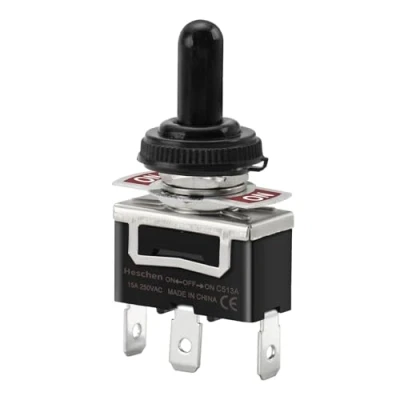 Immagine di Heschen Interruttore a levetta in metallo, C513A, SPDT, Mantenuto (a scatto) ON/OFF/ON, 3 Posizione, 15A 250VAC, Tab Terminal, CE, con cappuccio impermeabile