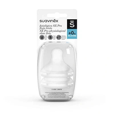 Immagine di Suavinex 307042, Confezione di 2 Tettarelle Simmetriche in Silicone SX Pro, Flusso Lento per Neonati, con Sistema Anti Colica