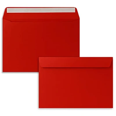 Immagine di 25 buste per lettere, formato DIN C5, 16,2 x 22,9 cm, con chiusura adesiva, grandi inviti e biglietti compleanno o matrimonio, colore rosso