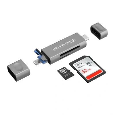 Immagine di JJC Lettore di Schede SD in Metallo per iPhone, Lighting USB C 3.0 A 2.0, Micro TF, Adattatore Memoria iPhone 16/15/14/13/12/11 (Grigio)