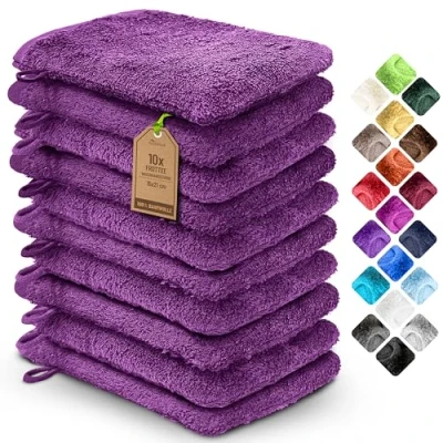 Immagine di NatureMark Confezione da 10 guanti bagno in spugna, salviette 100% cotone, 15 x 21 cm, di colore Viola