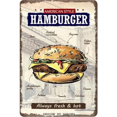 Immagine di DODINO 20 x 30 cm, in stile retrò HAMBURGER, decorazione per barbecue, Vintage Targa Metallo Hamburger Retro Ba