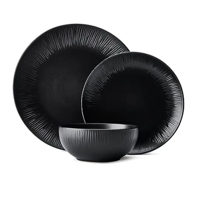 Immagine di Mikasa Jardin Midnight Set di piatti 12 pezzi in gres per 4 persone con piani, piccoli e ciotole, nero Confezione regalo lavabile lavastoviglie