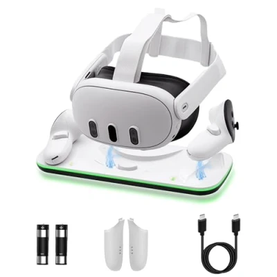 Immagine di Mcbazel Dock di Ricarica Controller per Quest 3, Stazione VR con Luce LED Supporto 2 Batterie Ricaricabili da 600 mAh, Cavo Type C Bianco