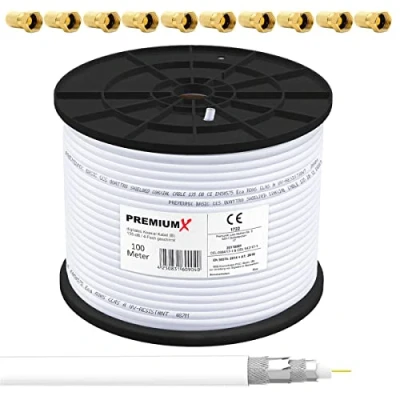 Immagine di PremiumX BASIC Cavo coassiale da 100m Ricezione perfetta con schermatura in alluminio quadrupla 135dB Compatibile DVB S / S2, C, T, BK impianti Inclusi 10 connettori F