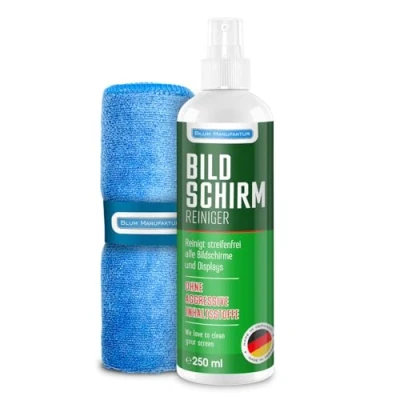 Immagine di Blum Manufaktur 250ml Pulitore dello schermo + panno microfibra. Pulizia perfetta di tutti gli schermi e display. senza striature strisce.