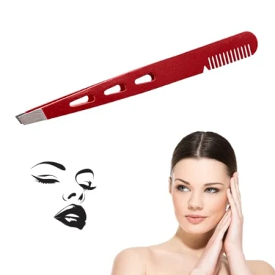 Immagine di Pinzetta Professionale Sopracciglia con Punta Obliqua in Acciaio Inossidabile Pettine Incorporato per Precisione nella Depilazione Viso e Peli Incarniti Ideale Uomini Donne (ROSSO)