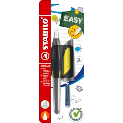 Immagine di Penna Stilografica Ergonomica per bambini STABILO EASYbuddy in Nero/Lime Punta Mancini 2 Cartucce Blu incluse
