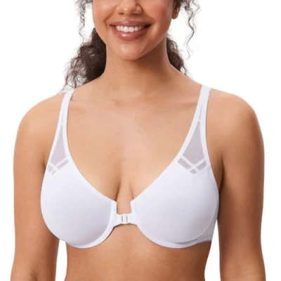 Immagine di DELIMIRA Donna Reggiseno Apertura Frontale Senza Imbottito con Ferretto Coppa Completa Racerback Bianco 3C
