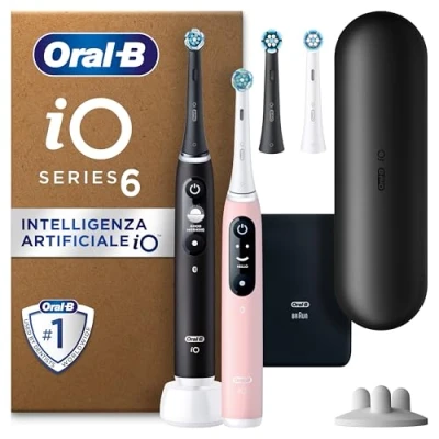 Immagine di Oral B iO Series 6 Plus Edition Duopack spazzolino elettrico, custodia da viaggio, confezione riciclabile, colore: nero lava/rosa sabbia