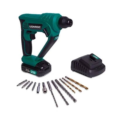 Immagine di VONROC Martello perforatore VPOWER 20V 1.3 Joule SDS plus. Include una batteria da 2.0Ah, caricabatterie, accessori e borsa degli attrezzi