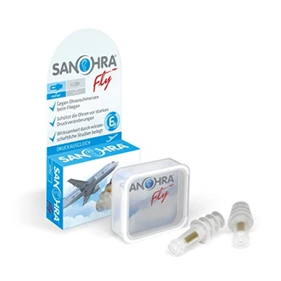 Immagine di SANOHRA fly earplugs volare senza dolore gli inserti auricolari facilitano l&#039;equalizzazione della pressione in aereo 24 dB SNR di isolamento acustico riutilizzabili 1 paio per adulti.