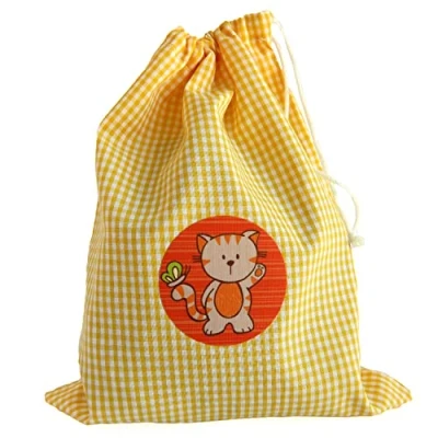 Immagine di ETIKIDS Sacca asilo Giallo. Zaino di corda in tessuto ideal per riporrepanini, frutta, biscotti, giocattoli. bambini lavabile. Borsa merenda 24 x 29 cm