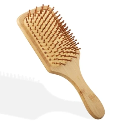 Immagine di spazzola per capelli in legno di bambù con puntine naturali, bambù, pettine massaggiante legno, rotondo antistatica, donne, uomini e bambini