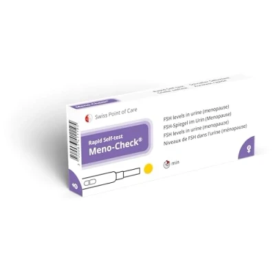 Immagine di Swiss Point Of Care Meno Check test rapido per rilevare la menopausa utilizzando il livello di ormone follicolo stimolante (FSH) nelle urine, autodiagnostico uso domestico