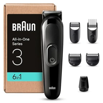 Immagine di Braun RASOIO ELETTRICO BARBA E Capelli, Regolabarba TAGLIACAPELLI UOMO, 6 In 1 Styling Kit Ideale Per Barba, Corpo, Naso Orecchie, Imballaggio Riciclabile, Idea Regalo, MGK3420 Nero