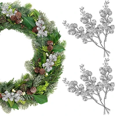 Immagine di KBNIAN 14 Pezzi Decorazioni di Bacche d&#039;argento Natale Rami Artificiale con Glitter Finte per l&#039;artigianato Ghirlande Albero Decorare i
