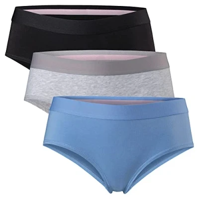 Immagine di DANISH ENDURANCE 3 Mutandine Hipster in Cotone Biologico, Morbide, Elasticizzate e Senza Etichetta, da Donna, Multicolore (1x Azzurro, 1x Grigio, Nero), S