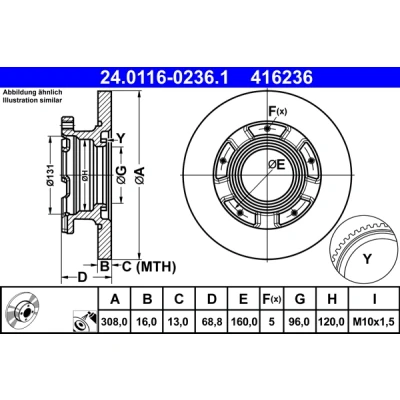 Immagine di ATE 24.0116 0236.1 Disco freno 308,0 16,0 5 160,0 pieno rivestito con anello sensore ABS FORD: Transit Custom V362 Bus, Van