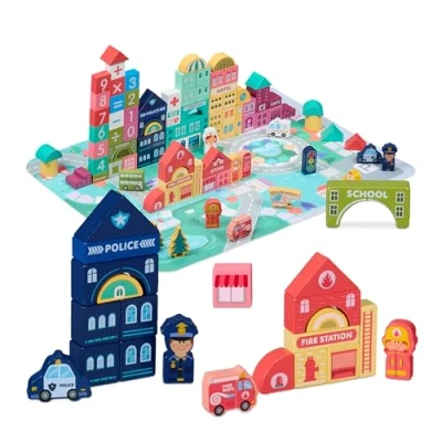 Immagine di Relaxdays Gioco in Legno per Bambini da 3 Anni, Set 100 Blocchi Costruzione, Puzzle Città, Lettere, Numeri, Colorati, Fibra