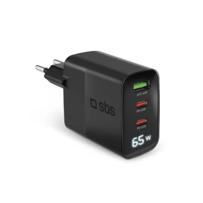 Immagine di SBS caricatore USB C 65W con LCD, 2 porte C, 1 porta A, presa europea, Power Delivery, ideale per smartphone Android, iPhone, tablet, MacBook, laptop