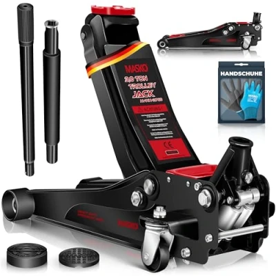 Immagine di MASKO® cric idraulico 3T altezza di sollevamento piatto 70 470 mm profondità doppio pistone + 2 cuscinetti in gomma guanti auto a 360