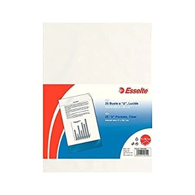 Immagine di ESSELTE De Luxe Buste Lucide con Apertura a U Confezione da 25 Unità, Trasparente, 21 x 29.7 cm
