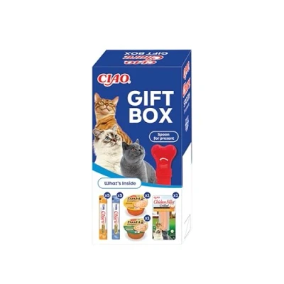 Immagine di INABA CIAO Gift Box Snack per Gatti, Pacco Regalo con 10 Churu Cremosi, 2 Dashi Delights in Brodo, 1 Filetto di Pollo e Cucchiaio l&#039;Alimentazione Incluso Gatti Cibo Umido Supplementare