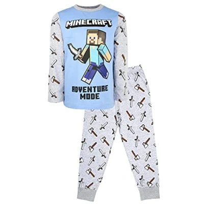 Immagine di Minecraft Pigiama a maniche lunghe per ragazzi 100% cotone Steve Adventure Mode Set vestiti Regali di compleanno Età 9 10 anni blu/grigio, Blu /