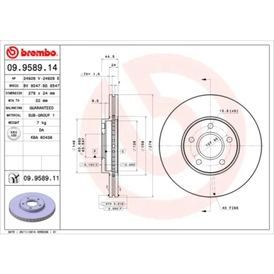 Immagine di BREMBO 09.9589.14 Disco freno 278 24 5 ventilazione interna FORD: Transit Connect Mk1 Van, Tourneo