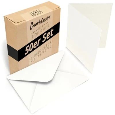 Immagine di Japun Set di 50 biglietti pieghevoli vuoti incluse buste, carte pieghevoli, per disegnare, etichettare o stampare DIN A6 / C6 bianco