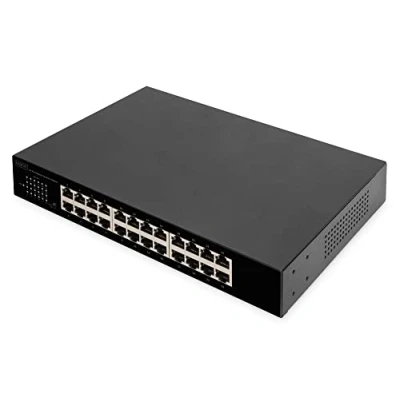 Immagine di DIGITUS switch di rete Gigabit a 24 porte non gestito senza ventola modalità VLAN DIP 10/100/1000 Mbps incluse staffe montaggio da 19&quot; nero