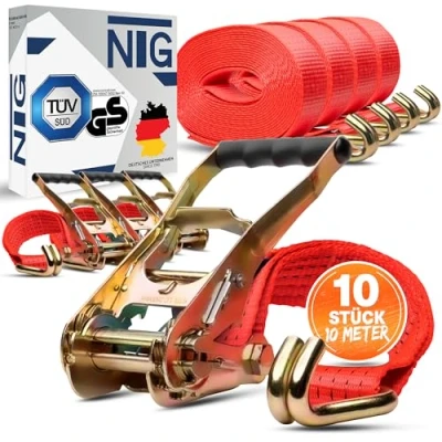 Immagine di 10 cinghie di tensione per lunghezza m, portata fino a 5000 kg, certificazione TÜV/GS, due pezzi, larghezza 50 mm, secondo DIN EN 12195 2, camion, sicurezza del carico