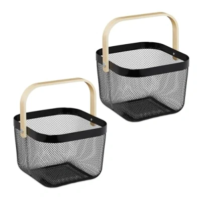 Immagine di Relaxdays Cestino Metallico Portaoggetti a Rete Quadrato, Set 2 Cesti con Manico in bambù, HLP, 5x26x24,5 cm, Nero, 17,5 x 26 24,5 cm