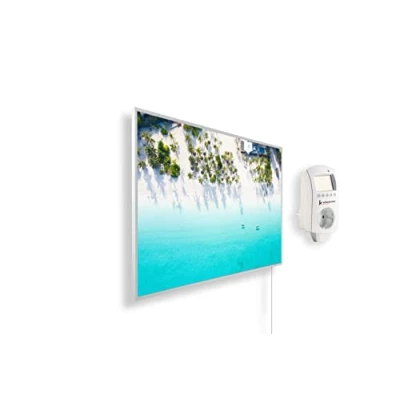 Immagine di Riscaldatore a infrarossi Könighaus 300 Watt + termostato smart e APP una stufetta elettrica basso consumo Cornice bianca (14. Spiaggia da sogno 1)
