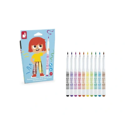 Immagine di Janod 10 pennarelli Punta a Pennello Colori Assortiti Inchiostro Lavabile Colorare per Bambini Hobby creativi e attività manuali dai 3 anni J07411, Multicolore, J07411