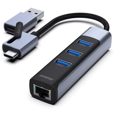 Immagine di BENFEI Adattatore 2 in 1 da USB C/USB 3.0 a Ethernet con 3 porte compatibile per iPhone serie 15, MacBook Pro/Air 2023/2022/2021/2020/2019 e altri